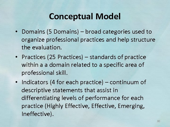 Conceptual Model • Domains (5 Domains) – broad categories used to organize professional practices