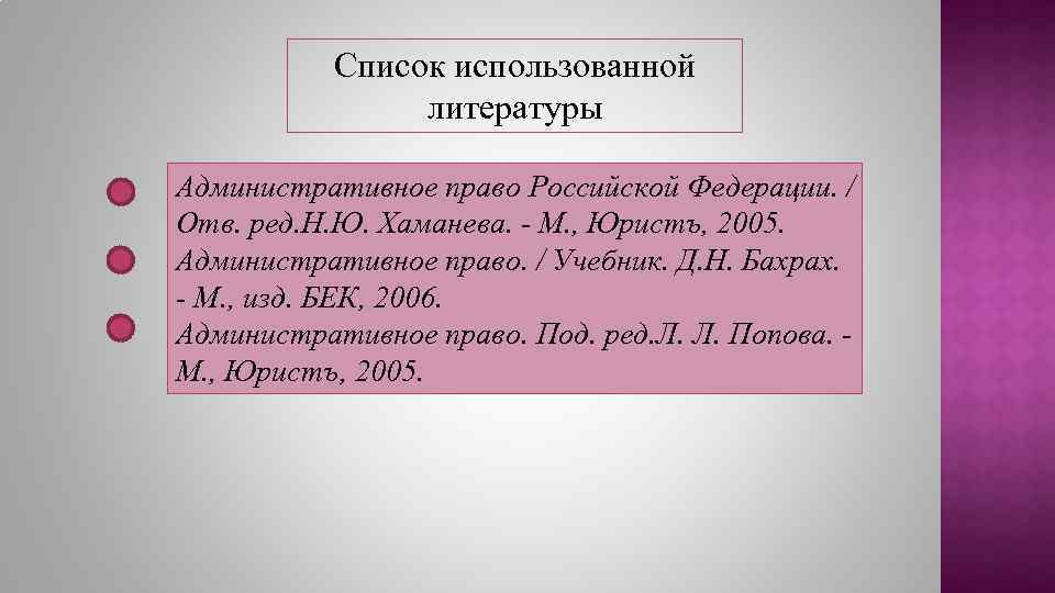 Список использованной литературы Административное право Российской Федерации. / Отв. ред. Н. Ю. Хаманева. -