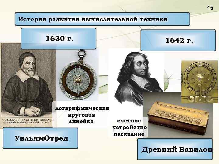 15 История развития вычислительной техники 1630 г. логарифмическая круговая линейка Уильям. Отред 1642 г.