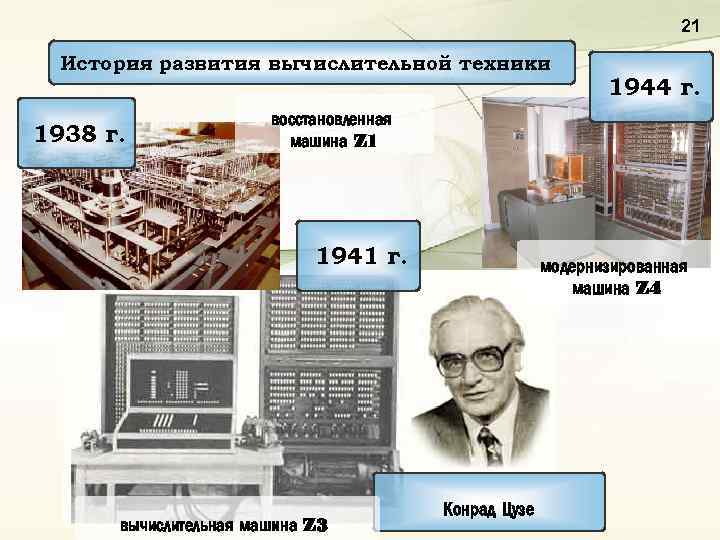 21 История развития вычислительной техники 1938 г. 1944 г. восстановленная машина Z 1 1941
