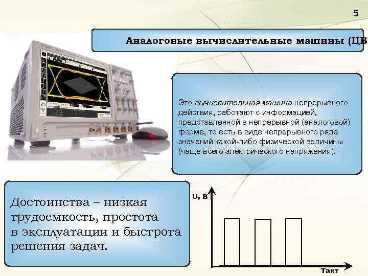 5 Аналоговые вычислительные машины (ЦВМ Это вычислительная машина непрерывного действия, работают с информацией, представленной