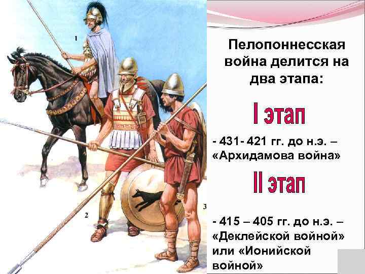 Пелопоннесская война делится на два этапа: - 431 - 421 гг. до н. э.