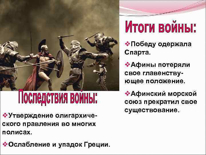 v. Победу одержала Спарта. v. Афины потеряли свое главенствующее положение. v. Утверждение олигархического правления