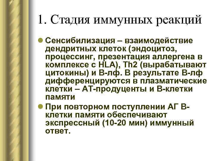 1. Стадия иммунных реакций l Сенсибилизация – взаимодействие дендритных клеток (эндоцитоз, процессинг, презентация аллергена