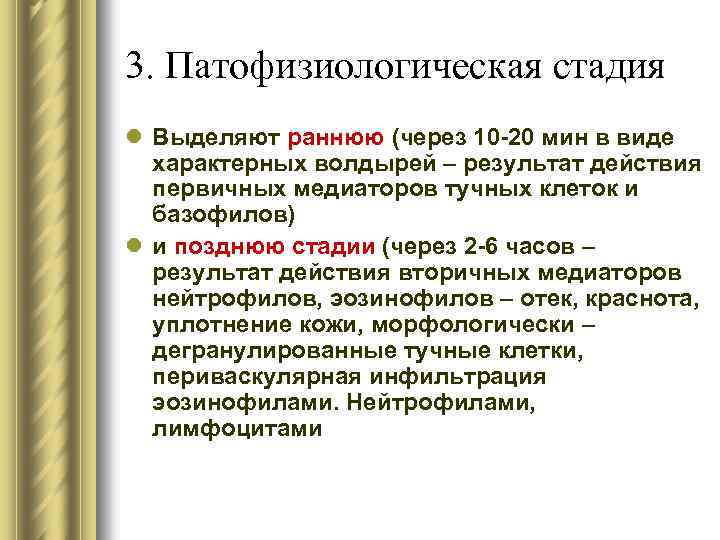 3. Патофизиологическая стадия l Выделяют раннюю (через 10 -20 мин в виде характерных волдырей