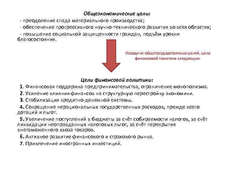 Общеэкономические цели: - преодоление спада материального производства; - обеспечение прогрессивного научно-технического развития во всех