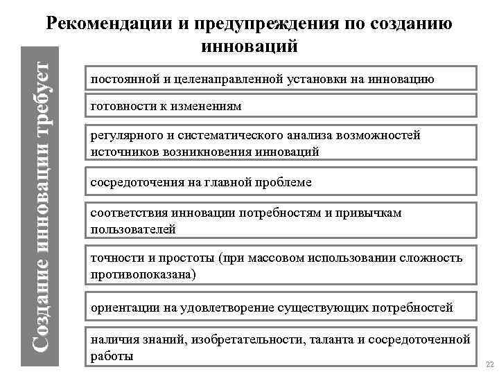 Создание инновации требует Рекомендации и предупреждения по созданию инноваций постоянной и целенаправленной установки на