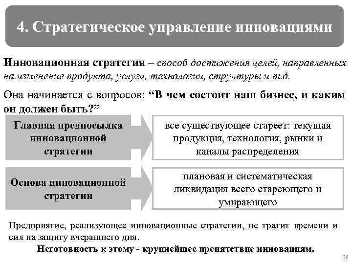 4. Стратегическое управление инновациями Инновационная стратегия – способ достижения целей, направленных на изменение продукта,