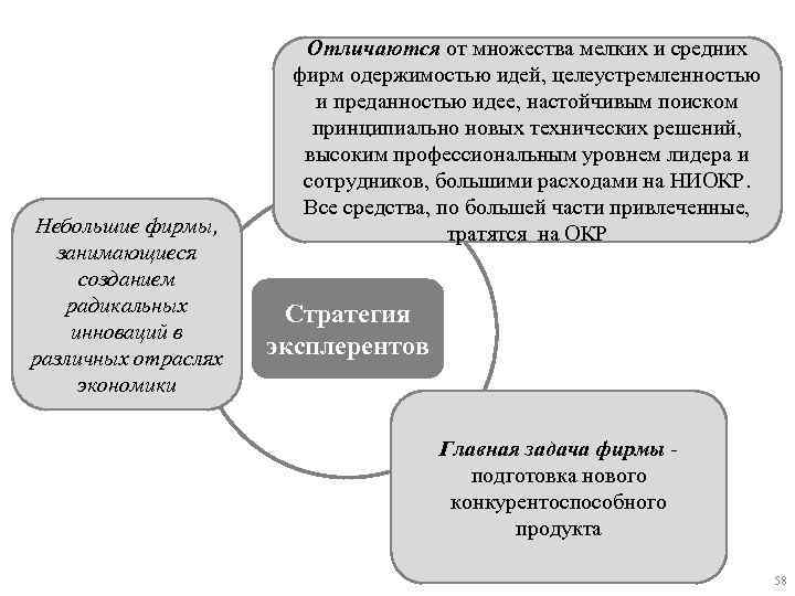 Небольшие фирмы, занимающиеся созданием радикальных инноваций в различных отраслях экономики Отличаются от множества мелких