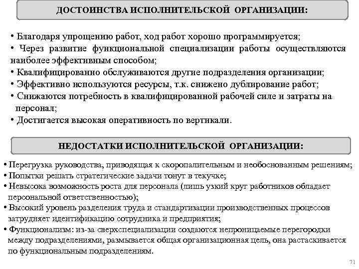 ДОСТОИНСТВА ИСПОЛНИТЕЛЬСКОЙ ОРГАНИЗАЦИИ: • Благодаря упрощению работ, ход работ хорошо программируется; • Через развитие