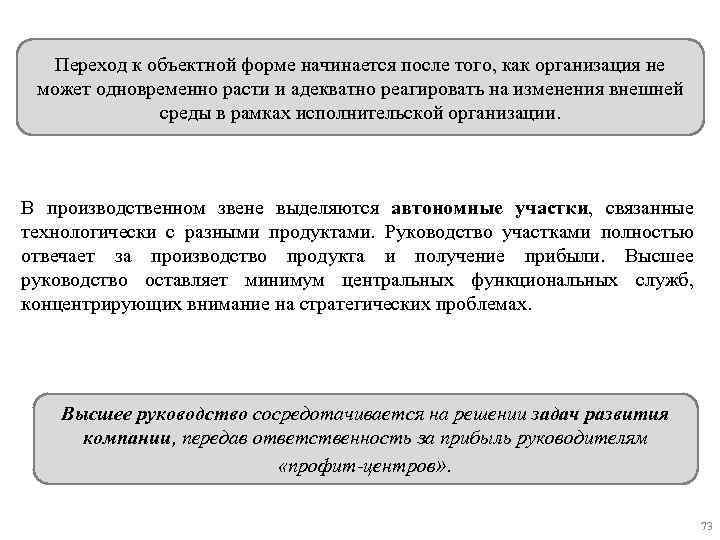 Переход к объектной форме начинается после того, как организация не может одновременно расти и