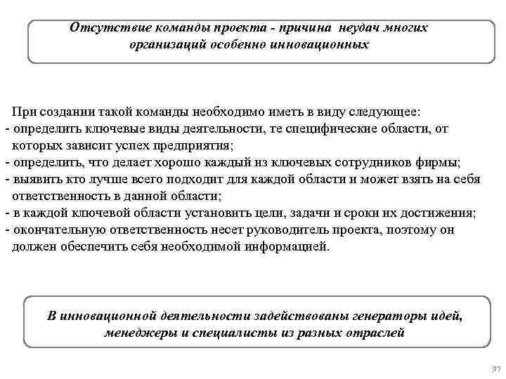 Отсутствие команды проекта - причина неудач многих организаций особенно инновационных При создании такой команды