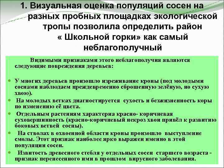 1. Визуальная оценка популяций сосен на разных пробных площадках экологической тропы позволила определить район