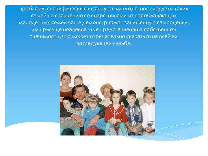 Многодетные семьи всех типов имеют общую социальную проблему, специфически связанную с многодетностью: дети таких