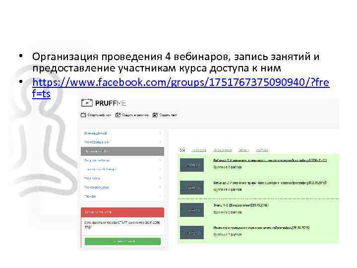  • Организация проведения 4 вебинаров, запись занятий и предоставление участникам курса доступа к