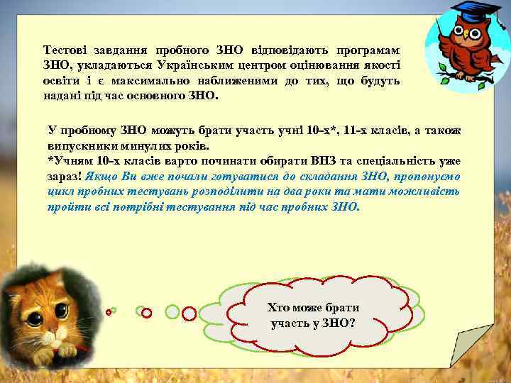 Тестові завдання пробного ЗНО відповідають програмам ЗНО, укладаються Українським центром оцінювання якості освіти і