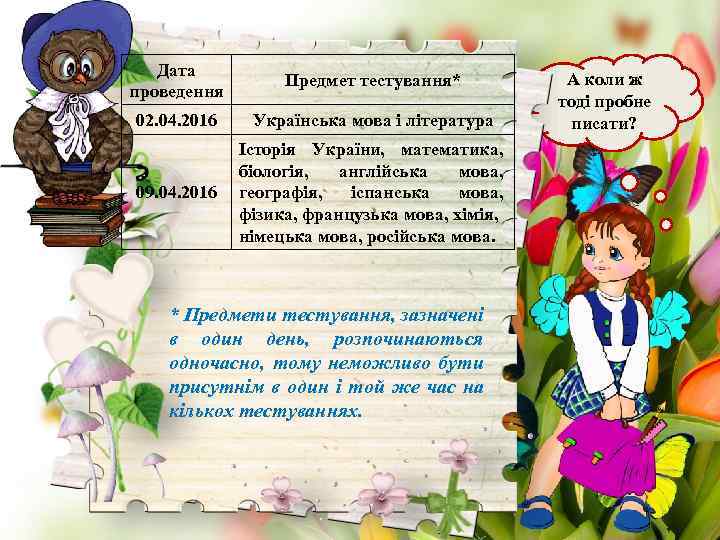 Дата проведення Предмет тестування* 02. 04. 2016 Українська мова і література 09. 04. 2016