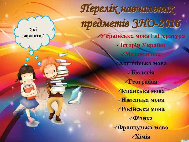 Які варіанти? Перелік навчальних предметів ЗНО-2016 üУкраїнська мова і література üІсторія України üМатематика üАнглійська