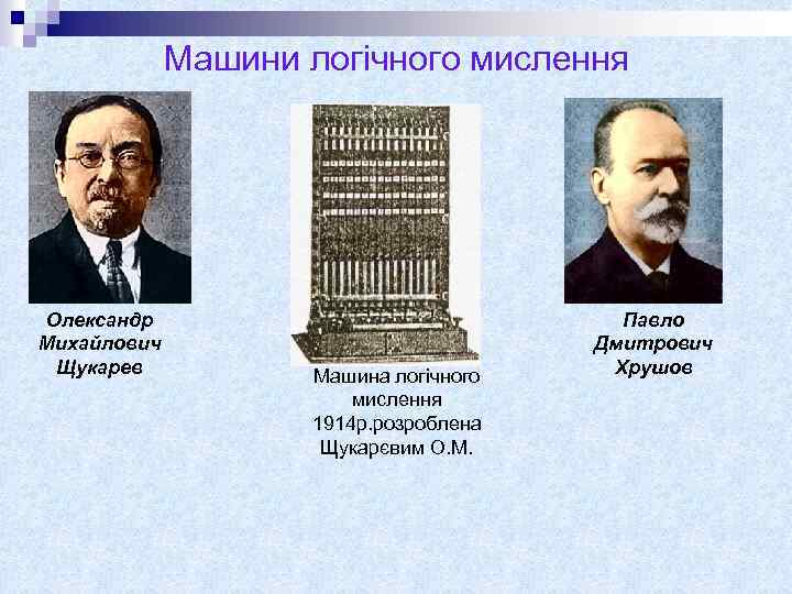 Машини логічного мислення Олександр Михайлович Щукарев Машина логічного мислення 1914 р. розроблена Щукарєвим О.