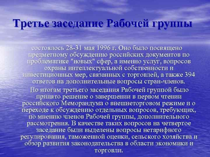 Третье заседание Рабочей группы состоялось 28 -31 мая 1996 г. Оно было посвящено предметному