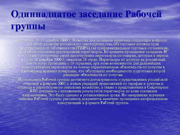Одиннадцатое заседание Рабочей группы состоялось 18 -19 декабря 2000 г. Повестка дня заседания включала