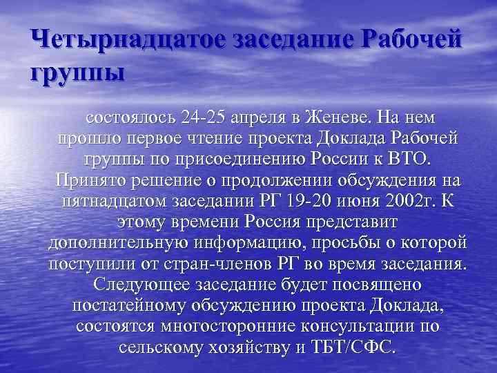 Четырнадцатое заседание Рабочей группы состоялось 24 -25 апреля в Женеве. На нем прошло первое