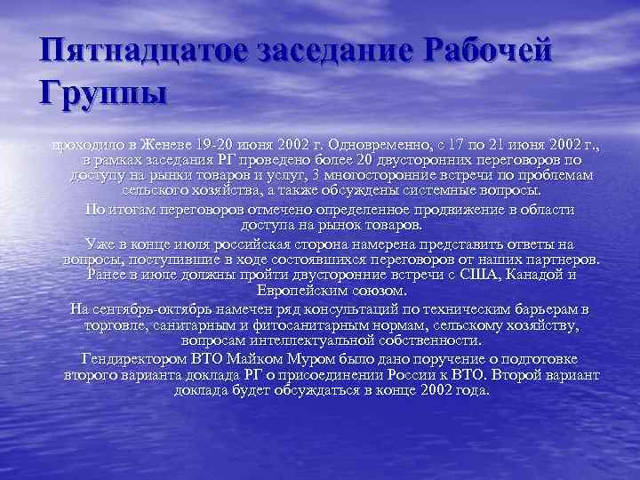 Пятнадцатое заседание Рабочей Группы проходило в Женеве 19 -20 июня 2002 г. Одновременно, с