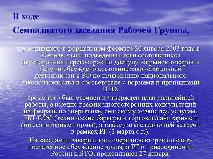 В ходе Семнадцатого заседания Рабочей Группы, проходившего в формальном формате 30 января 2003 года