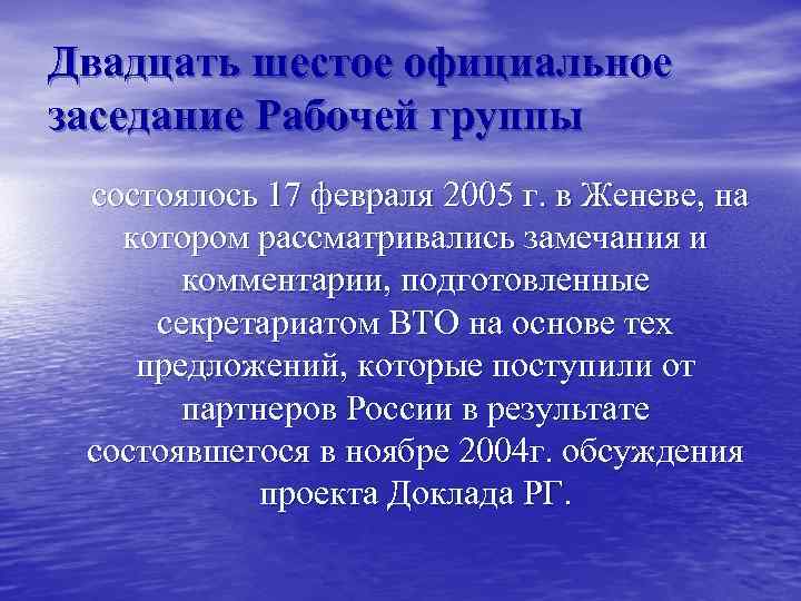 Двадцать шестое официальное заседание Рабочей группы состоялось 17 февраля 2005 г. в Женеве, на