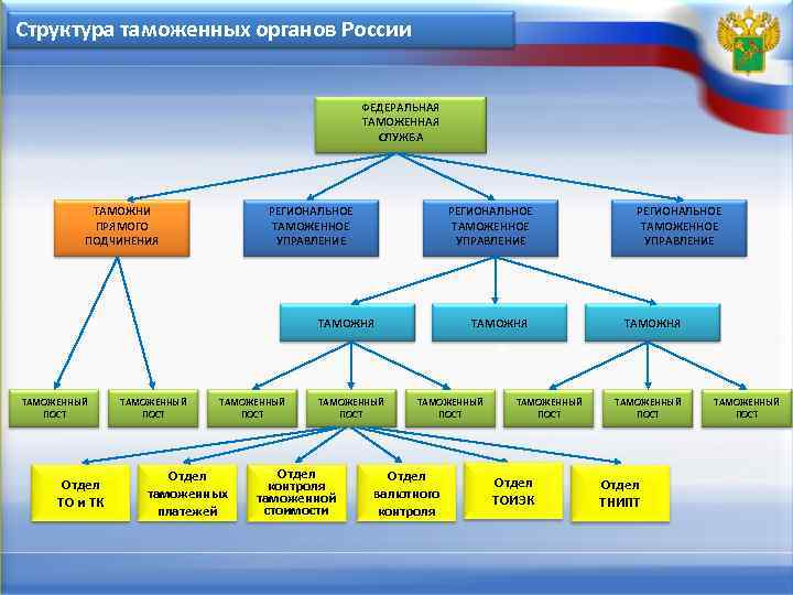 Структура таможенных органов России ФЕДЕРАЛЬНАЯ ТАМОЖЕННАЯ СЛУЖБА ТАМОЖНИ ПРЯМОГО ПОДЧИНЕНИЯ РЕГИОНАЛЬНОЕ ТАМОЖЕННОЕ УПРАВЛЕНИЕ ТАМОЖНЯ