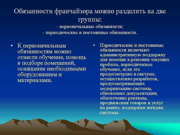 Обязанности франчайзора можно разделить на две группы: - первоначальные обязанности; - периодические и постоянные