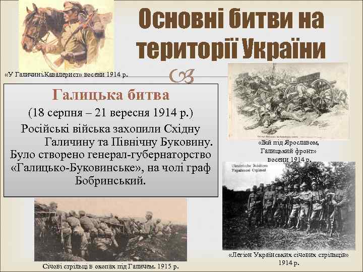 Основні битви на території України «У Галичині. Кавалерист» восени 1914 р. Галицька битва (18
