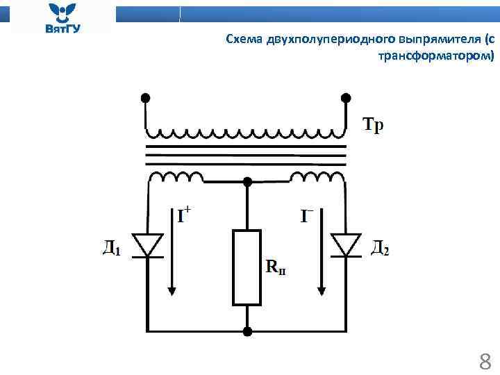 Схема двухполупериодного выпрямителя (с трансформатором) 8 