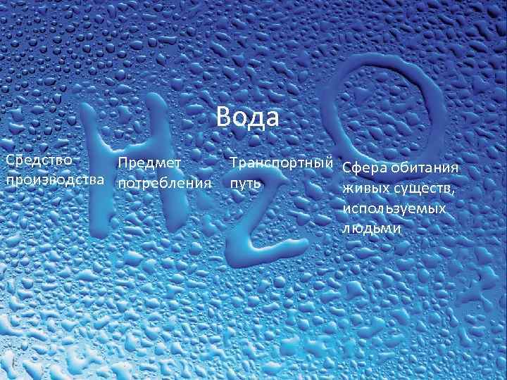 Вода и жизнь Вода Средство Предмет производства потребления Транспортный Сфера обитания путь живых существ,