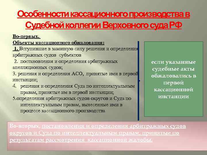 Особенности кассационного производства в Судебной коллегии Верховного суда РФ Во-первых, Объекты кассационного обжалования: 1.