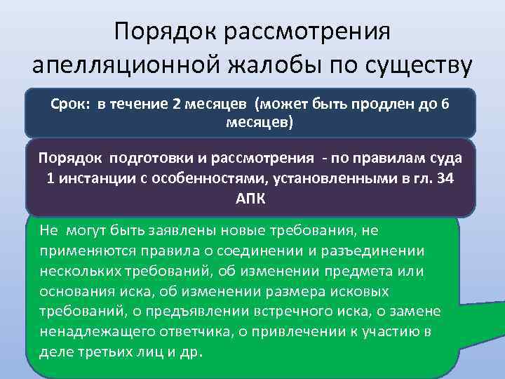 Порядок рассмотрения апелляционной жалобы по существу Срок: в течение 2 месяцев (может быть продлен