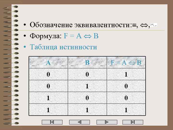  • Обозначение эквивалентности: , , • Формула: F = A B • Таблица