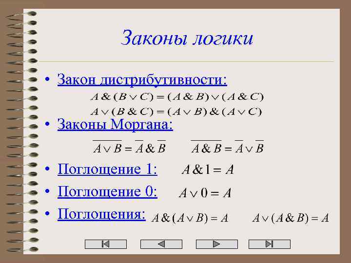 Законы логики • Закон дистрибутивности: • Законы Моргана: • Поглощение 1: • Поглощение 0: