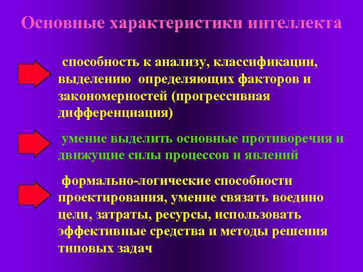 Основные характеристики интеллекта способность к анализу, классификации, выделению определяющих факторов и закономерностей (прогрессивная дифференциация)