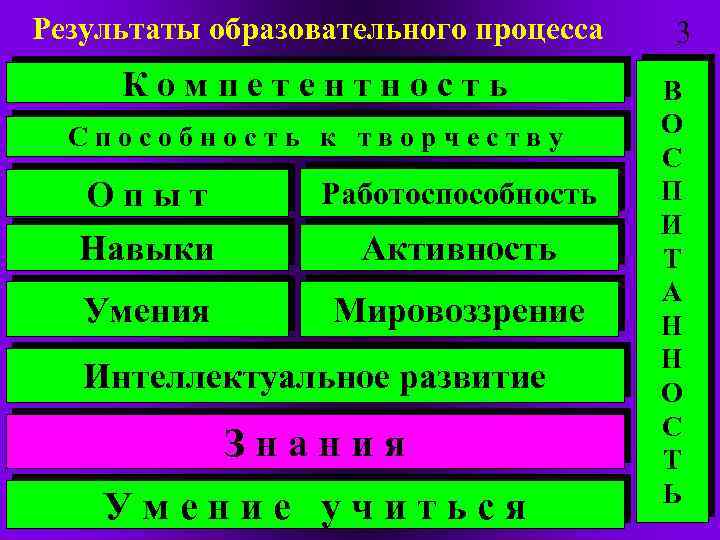 Результаты образовательного процесса Компетентность Способность к творчеству Опыт Работоспособность Навыки Активность Умения Мировоззрение Интеллектуальное