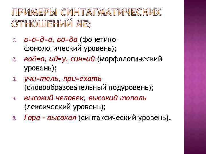 1. 2. 3. 4. 5. в=о=д=а, во=да (фонетикофонологический уровень); вод=а, ид=у, син=ий (морфологический уровень);