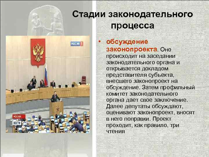 Стадии законодательного процесса • обсуждение законопроекта. Оно происходит на заседании законодательного органа и открывается