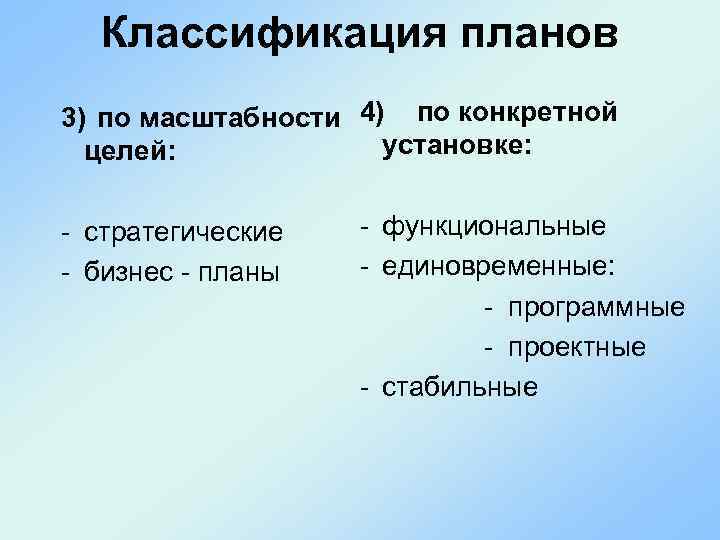 Классификация планов 3) по масштабности 4) по конкретной установке: целей: - стратегические - бизнес