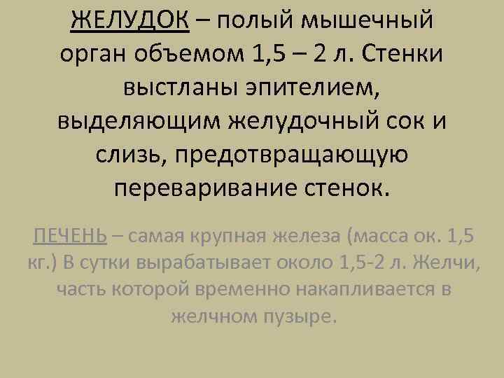 ЖЕЛУДОК – полый мышечный орган объемом 1, 5 – 2 л. Стенки выстланы эпителием,