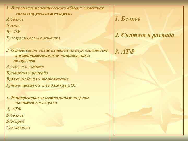 1. В процессе пластического обмена в клетках синтезируются молекулы: А)белков Б)воды В)АТФ Г)неорганических веществ