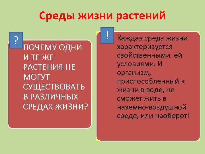 Среды жизни растений ? ПОЧЕМУ ОДНИ И ТЕ ЖЕ РАСТЕНИЯ НЕ МОГУТ СУЩЕСТВОВАТЬ В