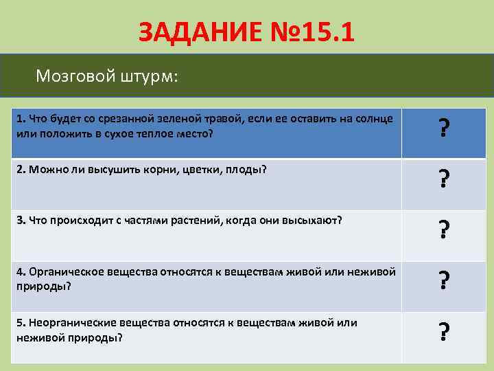 ЗАДАНИЕ № 15. 1 Мозговой штурм: 1. Что будет со срезанной зеленой травой, если