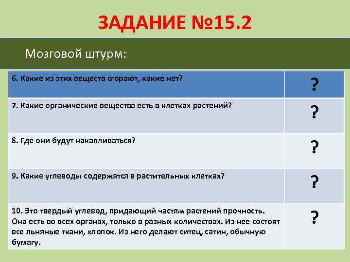 ЗАДАНИЕ № 15. 2 Мозговой штурм: 6. Какие из этих веществ сгорают, какие нет?