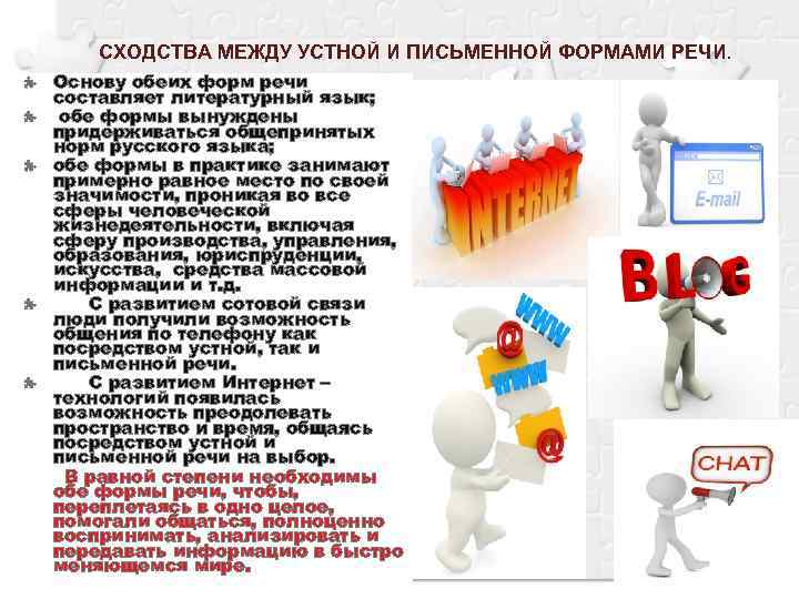 СХОДСТВА МЕЖДУ УСТНОЙ И ПИСЬМЕННОЙ ФОРМАМИ РЕЧИ. Основу обеих форм речи составляет литературный язык;