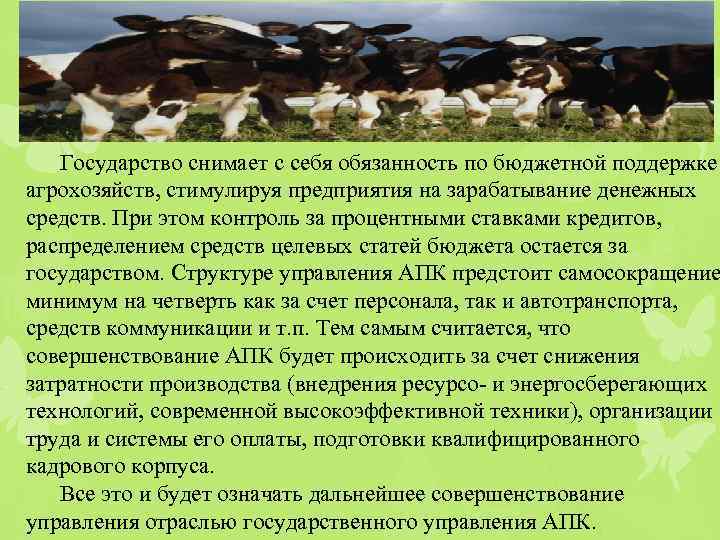 Государство снимает с себя обязанность по бюджетной поддержке агрохозяйств, стимулируя предприятия на зарабатывание денежных